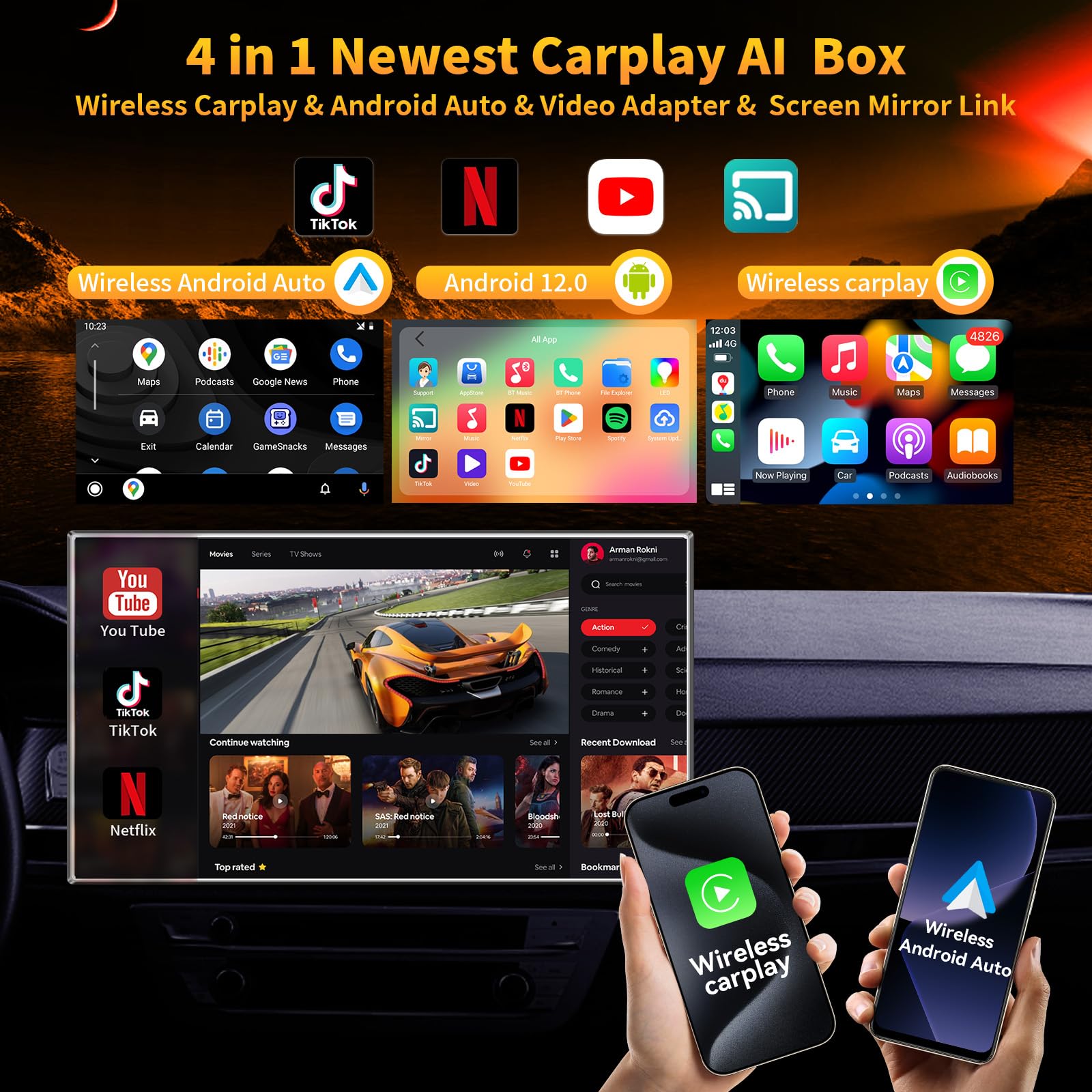 4 In 1 Carplay Ai Box,Wireless Carplay & Android Auto Adapter,Supports Netflix/Youtube/Tik Tok/Screen Mirror Link/Tf Card,Suitab